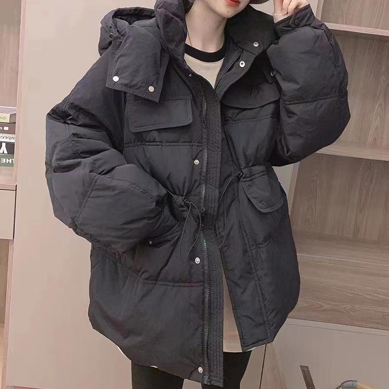 Hooded tooling down jacket women's short 2024 winter new waist loose fashion white duck down jacket large size tide