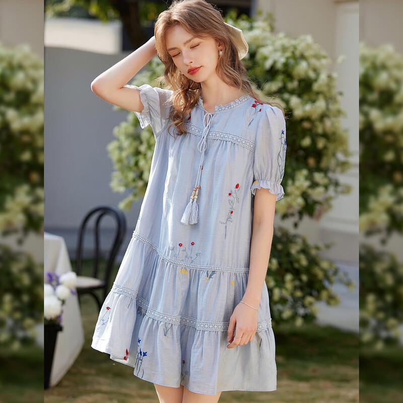 

Elegant Embroidered Puff Sleeve Tassel Tie Mini Dress L