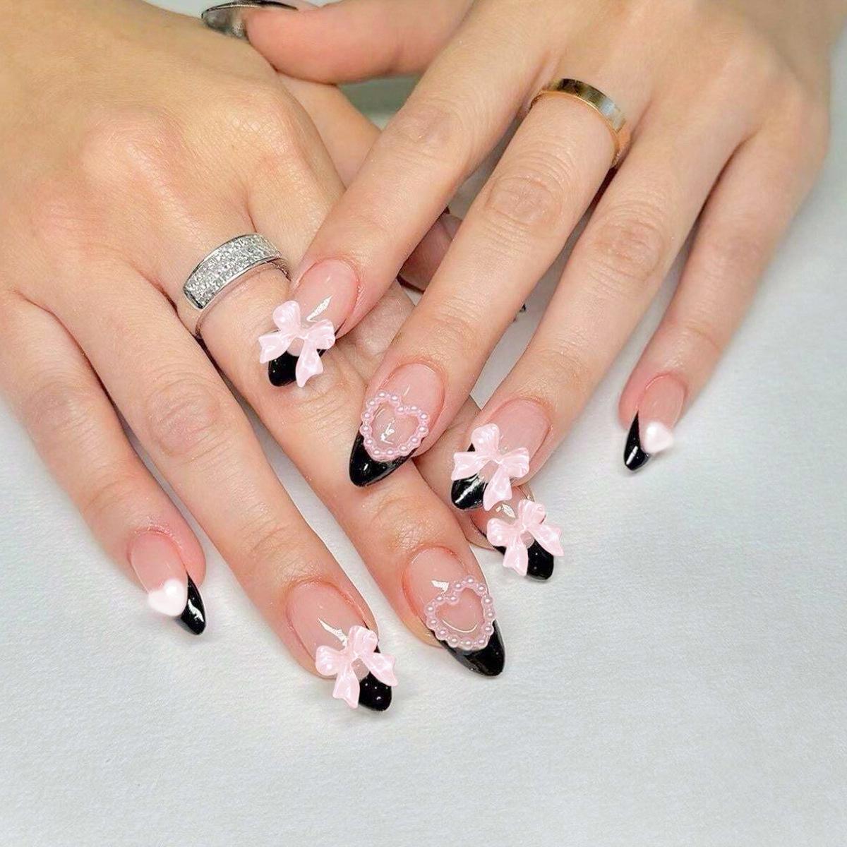 

French Black Bowknot Heart Nude Pink Press-On Nails