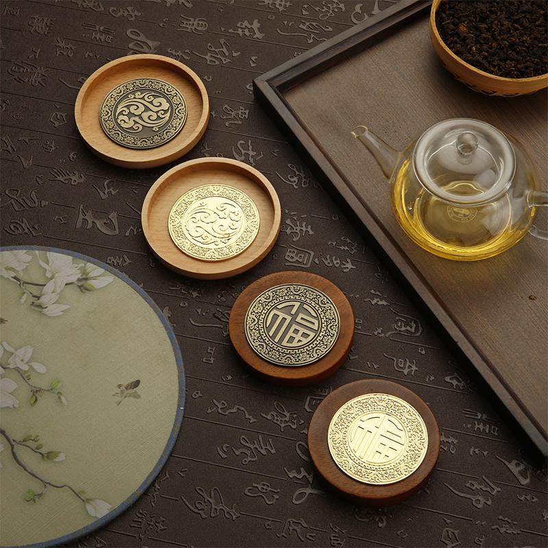 Chinese Style Metal Tea Cup Coaster Wooden Heat Insulation Cup Pad Drink Cup Coaster for Tea Coffe Milk Kitchen Supplies