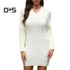 Fall Winter Women Dress Knitted Thick V Neck Slim Fit Long Sleeves Above Knee Length Twisted Texture Pure Color Sheath Office Party Mini Dress