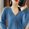 Suéteres de punto de lana de manga larga con cuello en V y estampado de colores sólidos para otoño e invierno para mujer