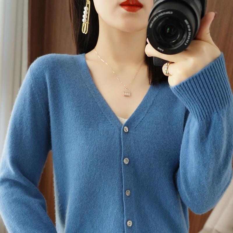 Suéteres de punto de lana de manga larga con cuello en V y estampado de colores sólidos para otoño e invierno para mujer