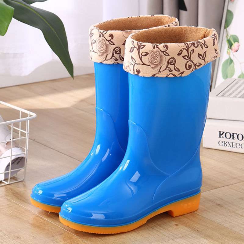 High rain boots rain shoes waterproof shoes glue shoe cover shoes women's fashion medium tube velvet cotton warm adult non-slip kitchen summer