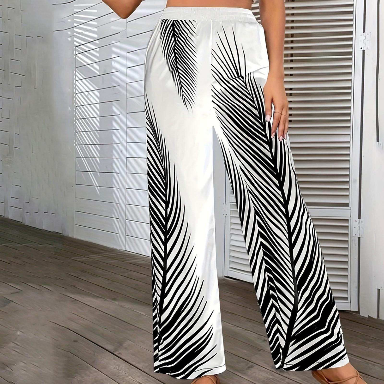 

Женские модные и элегантные полосатые широкие брюки с листьями для женщин XL белый