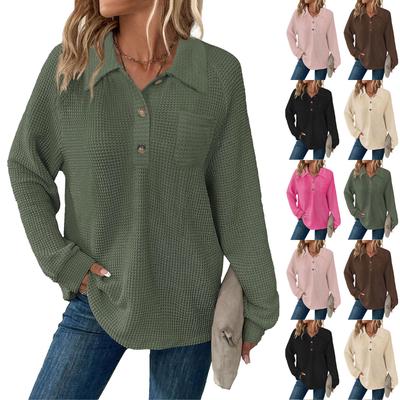 Women's Fashion Long-Sleeve Solid-Color Collared T-Shirt With Button-Up Front And Pocketed Casual Sweatshirt Top