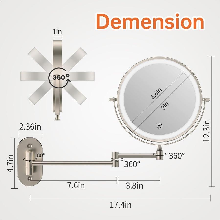 Rechargeable Wall Mounted Lighted Makeup Vanity Mirror 8 Inch Double Sided 1X 10X Magnifying Bathroom Mirror 3 Color Lighting T