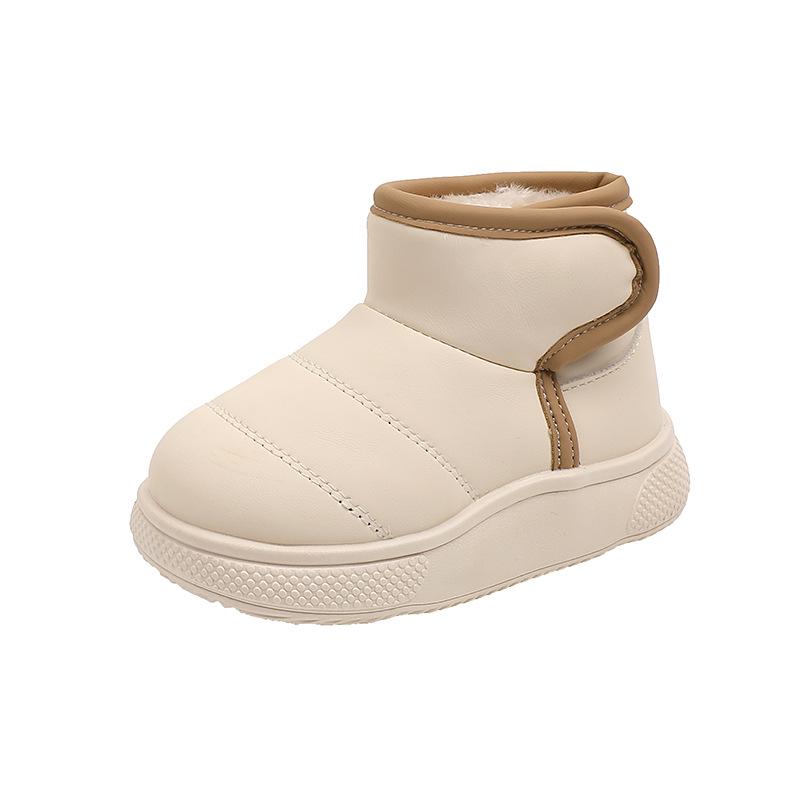 Kids' Velvet-Lined Snow Boots - Solid Color Winter 2023, Korean-Style Cotton Shoes for Boys & Girls, Short Leather Walking Boots