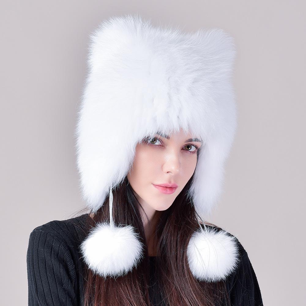 

Шапка-ушанка из лисьего меха для защиты ушей, женская милая шапка с помпоном, теплая вязаная шерстяная шапка с кошачьими ушками в корейском стиле для холодной погоды