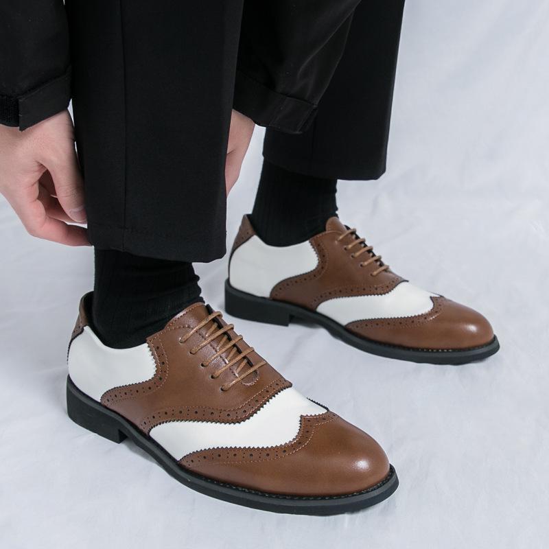 Men's Formal Black & White Brogue Leather Derby Shoes - Spring/Autumn Large Size Wedding Footwear