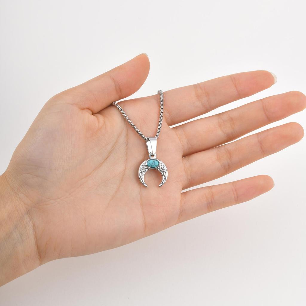 Vintage Green Natural Stone Necklace for Men Boys, Stainless Steel Moon Pendant Necklace, New Fashion Jewelry Gift