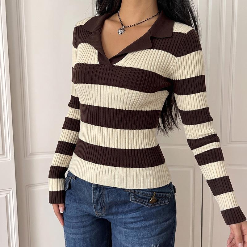 European AW 2026 Retro Knitwear: Women's Striped Lapel Slim Fit Sweater