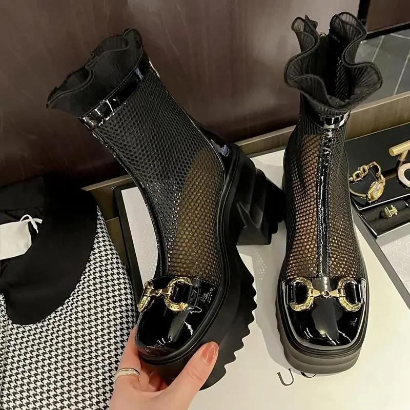 

Fashion Lace Kawaii Summer Breathable Platform Boots Lace-up Thick Sole Women Back Zipper Height Increasing Boots Women s Breathe Boots 40 чёрный