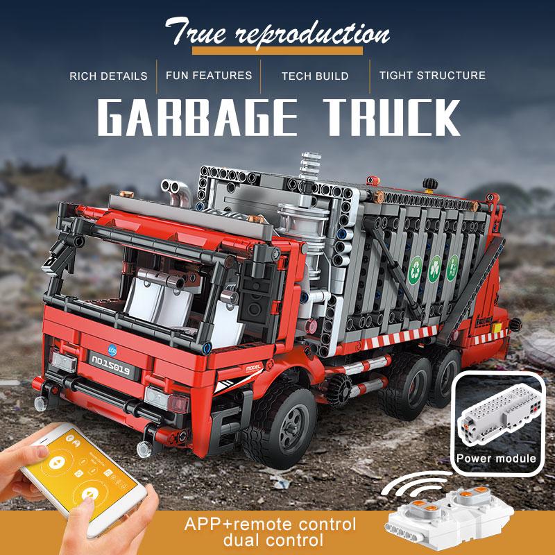 MOULD KING 15019 Technické hračky do auta pro kluky Model motorového popelářského vozu Stavebnice MOC-38031 Cihly Dětské Vánoční dárky