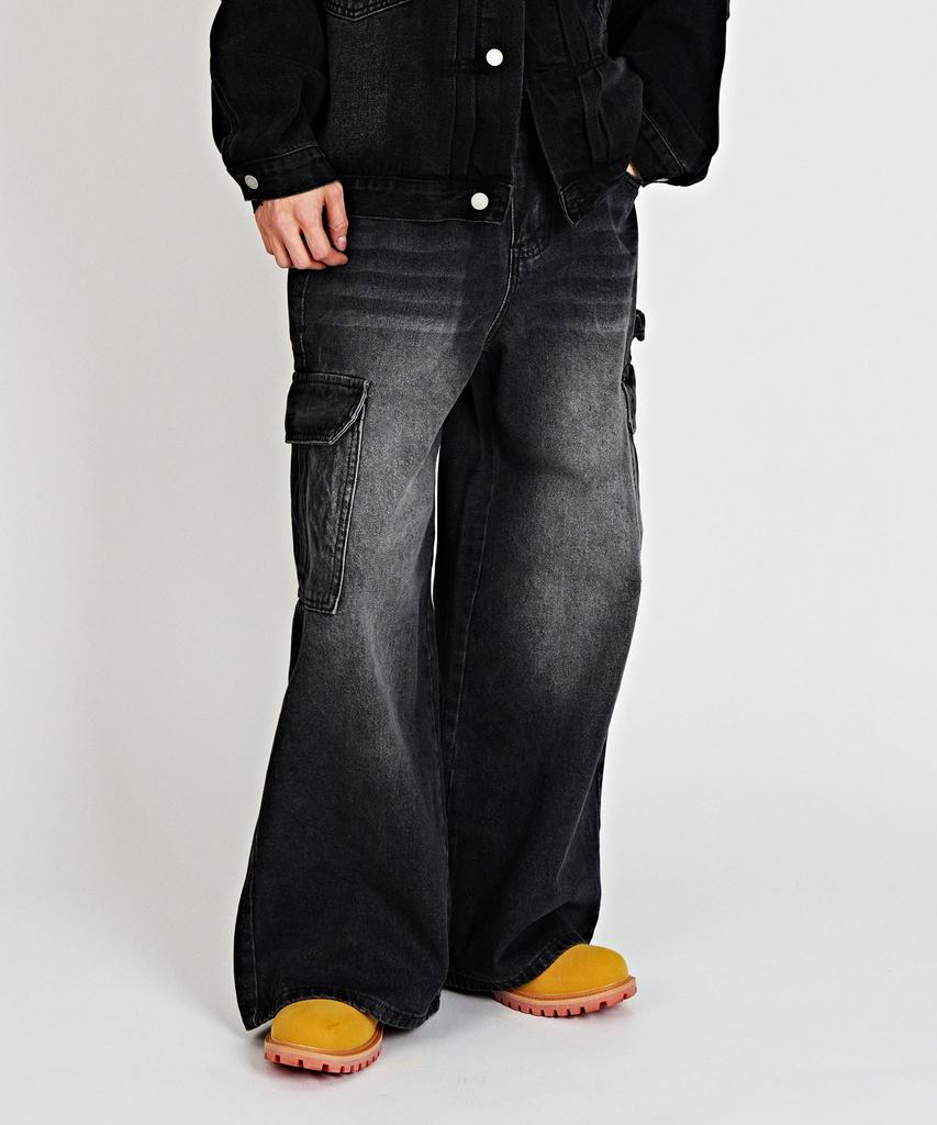 Dideobeulyueseui Fade Wide Cargo Denim Pants (Black)