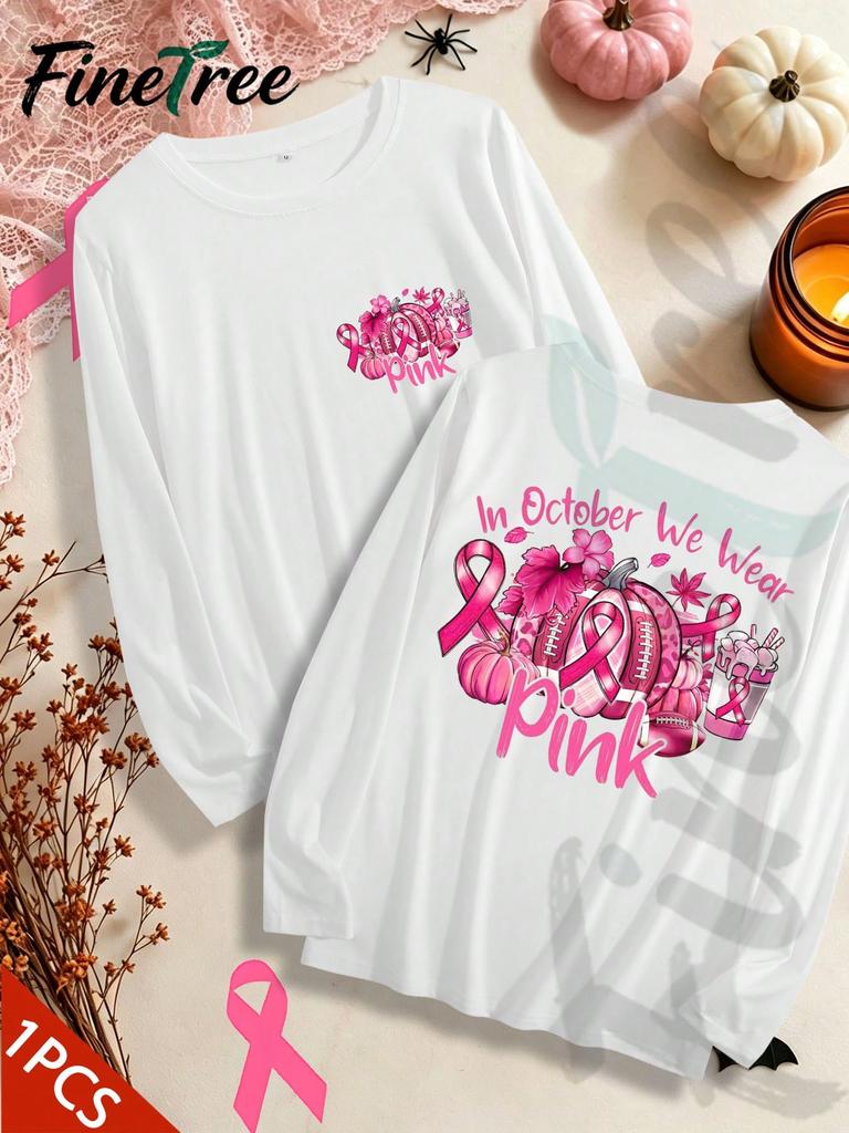 Cute Ghost Pumpkin Pink Ribbon Shirt October Breast Cancer Awareness Long Sleeve Top