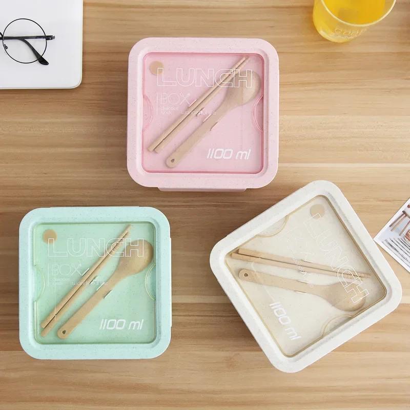 850/1100ml Wheat Straw Bento Box with Tableware Single Layer Compartment Seal Food Container Portable Office Worker Lunch Box