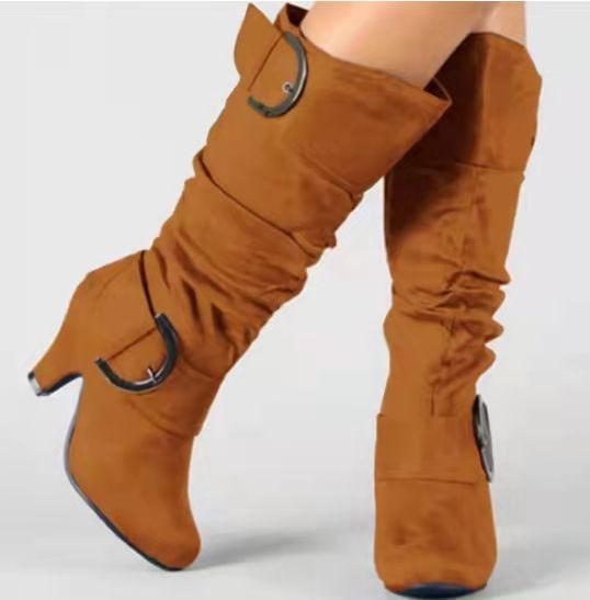 Botas de Inverno Femininas 2026 Moda Sexy Lady Botas de Cano Médio Salto Alto Camurça Sintética Fivela Botas Curtas Botas de Neve Peludas Mulheres