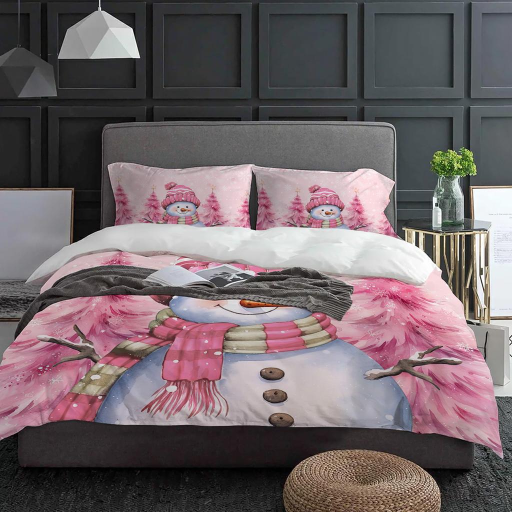 Christmas Snowman Pink Christmas Tree 3pcs Bedding Set For Double Bed Home Textile Duvet Cover Quilt Cover Pillowcase