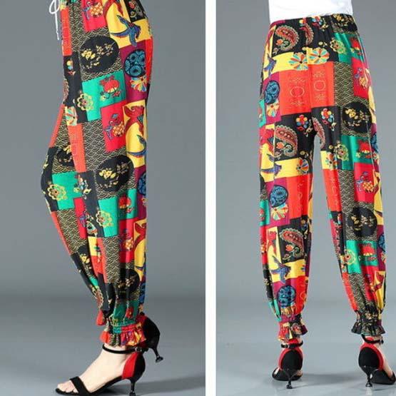 WTEMPO Mom Summer Thin Printed Ice Silk Pants Women Ealstic High Waist Large Size Casual Bloomers Trousers