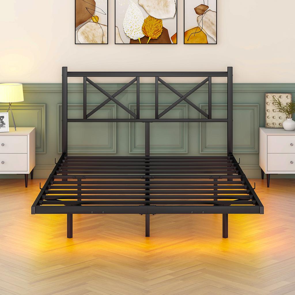 140x200 cm, Double Bed Frame with LED Lighting and Charging Station, Headboard, Metal Bed, Robust and Stable, Easy Assembly (without Mattress