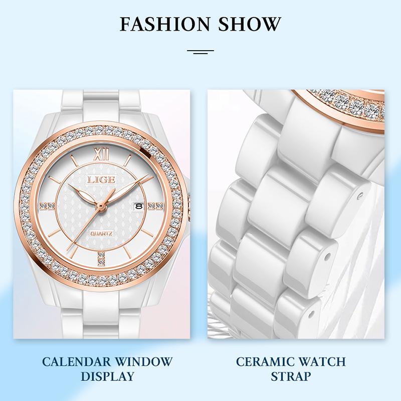 LIGE Damenuhr Armbanduhr Marke Keramik Vintage Lässig Mode Leuchtend Kalender Damenuhr Quarz Elegant Uhr+BOX