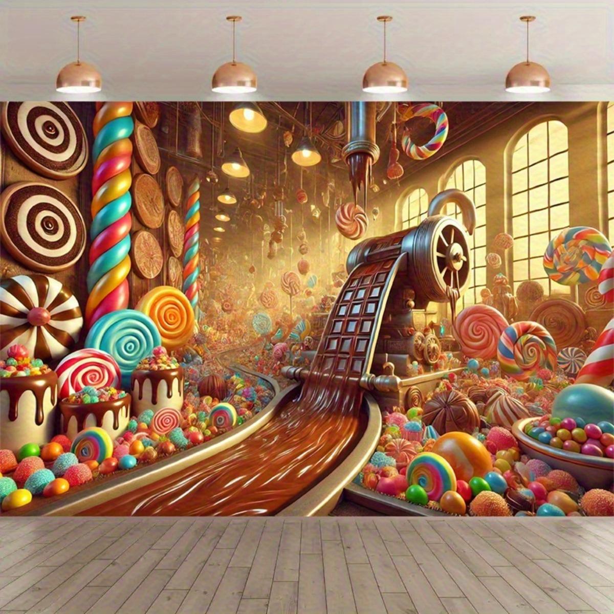 1 colored chocolate candy factory photography background tapestry, featuring lollipops, candy balls, and chocolate. 150X100