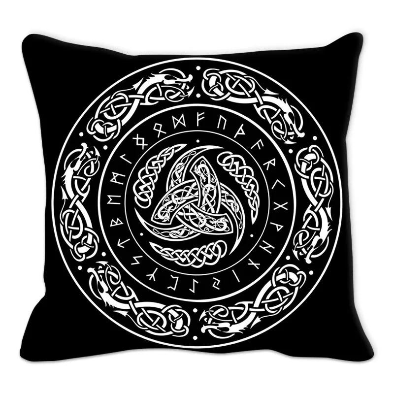 Viking Runes Compass Cushion Cover Peach Skin Norse Mythology Throw Pillowcase Black Celtic Knot Sofa Living Room Home Decor