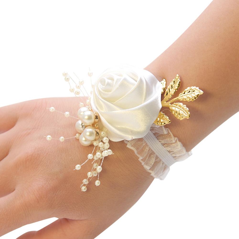Delicate Silk Wrist Corsage Bracelet with Pearl Beads for Wedding Prom