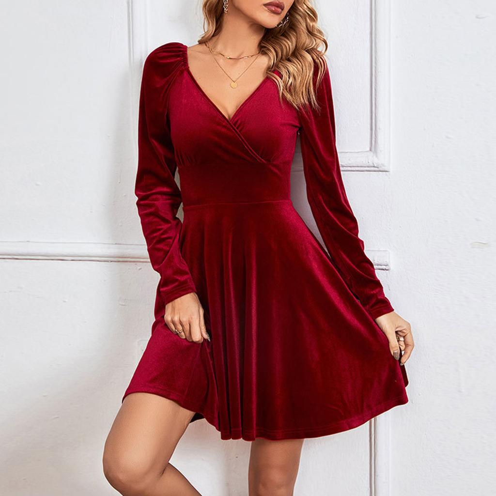 Ladies' Fashion V-neck Solid Color Sexy Long Sleeve Dress Banquet Dress Dress