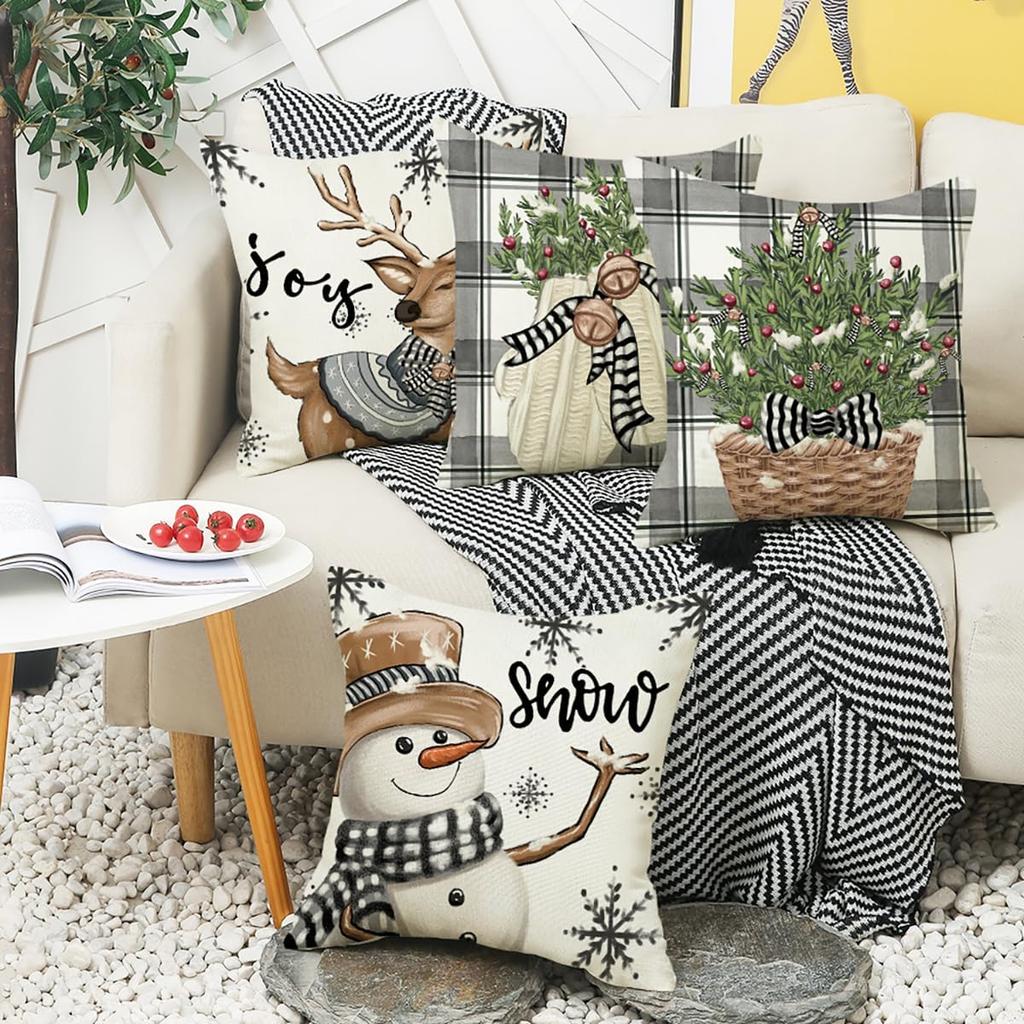4 Set Christmas Cushion Cover Pillowcase 45cm Xmas Reindeer Snowman Cushion Covers Decorations for Home Ornament New Year Decor