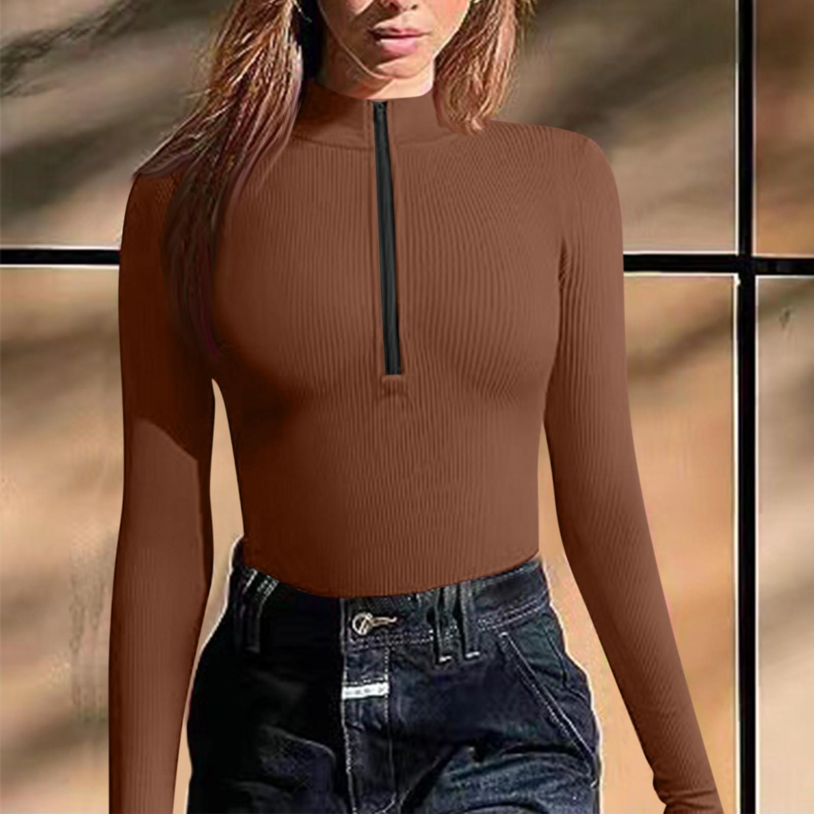 

Женский модный сексуальный однотонный топ с круглым вырезом и длинным рукавом на молнии, тонкий комбинезон XL кофейный