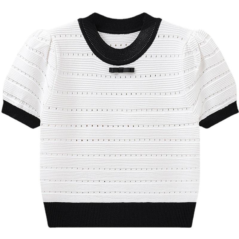 Maglione Lavorato a Maglia a Maniche Corte con Splicing a Contrasto di Colore Primavera Estate Femminile Sezione Corta Fondo Sezione Sottile Top Pullover T-shirt Casual Slim Fit