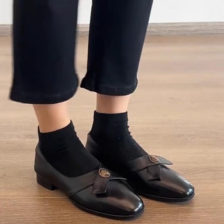 Cowhide version~ retro shallow mouth small leather shoes gold coin square head low heel grandma shoes one pedal black single shoes loafers