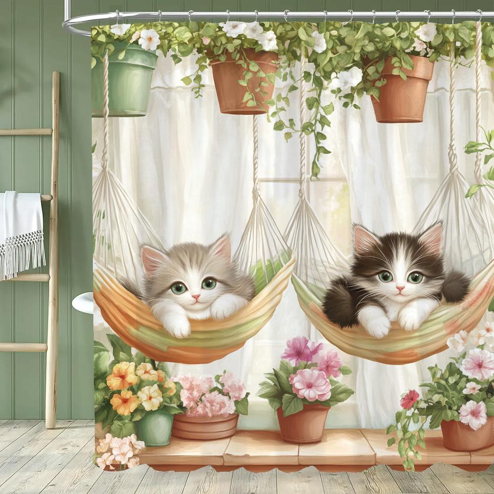 Cartoon Hipster Cat Shower Curtain - With Hooks, Easy To Clean, Adds a Quirky and Stylish Touch To Your Bathroom Decor Curtain