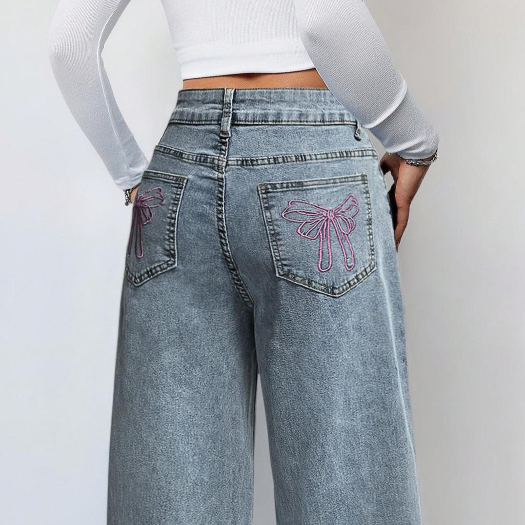 Neue lockere High-Waist Wide-Leg Jeans mit rosa Schleifenstickerei an der Gesäßtasche für Damen