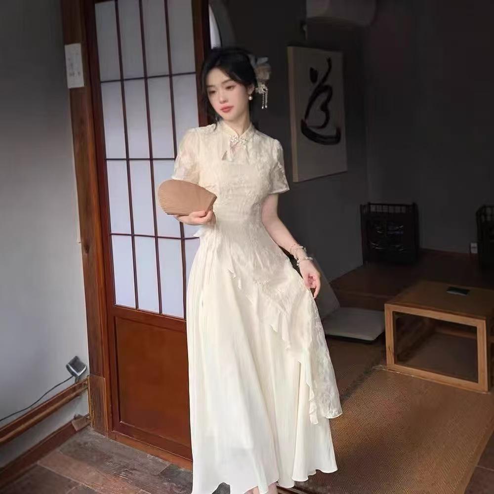 Elegant Summer Qipao with Irregular Ruffle - Sweet, Slimming, Long Dress