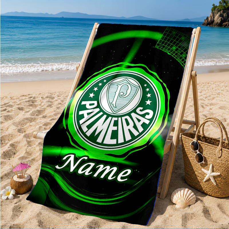 Custom Name Beach Towel Green Palm Tree Emblem Microfiber Beach Towel, Lightweight for Summer Travel, Swimming Pool Fan Birthday Gift