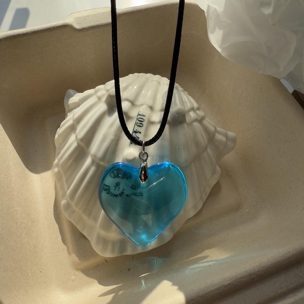 Simple Fashion Large Blue Crystal Glass Heart Pendant Black Leather Rope Necklace for Women Valentine's Day Charm Jewelry Gifts