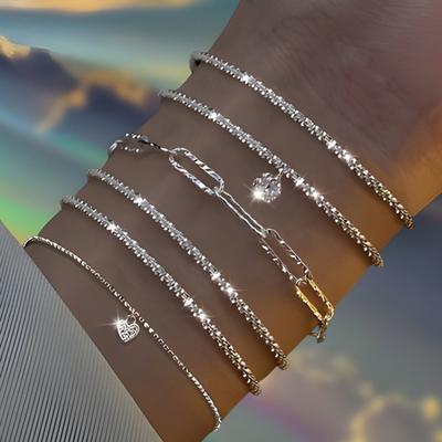 6 Teile/satz Frauen Armbänder Stapelbar Strass Dekor Aushöhlen Glitzernde Zink-legierung