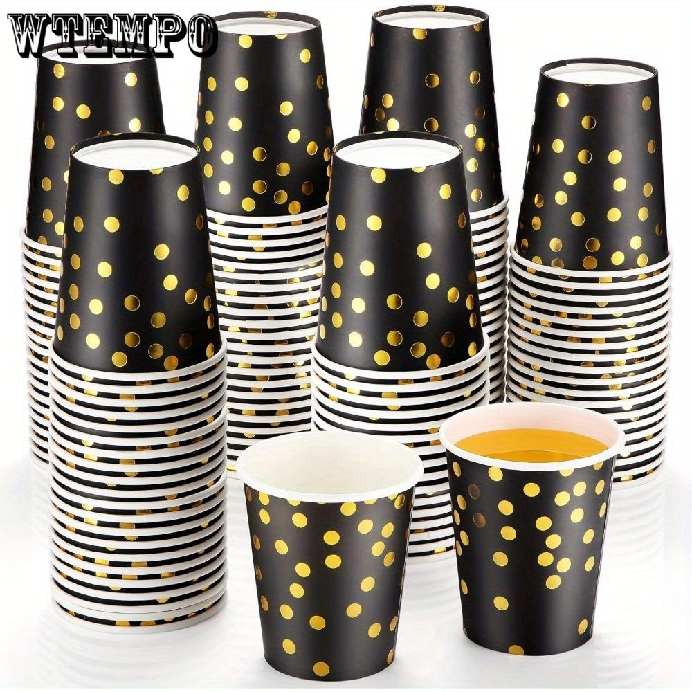 50pcs Disposable Paper Cups Back To School Polka Dot Shot 9 Oz Coffee Drinkware Cup Black and Golden Paper Cups Golden Foiled Dot Paper Cup