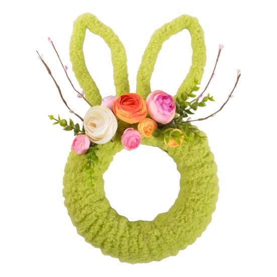 Easter Bunny Wreath for Front Door Yarn Wrap Rabbit Shaped Wreath with Artificial Flowers for Spring Porch Wall Window Indoor Outdoor Decor