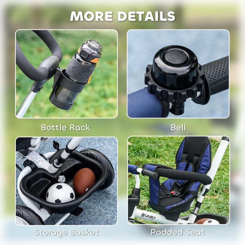 Metal Frame 6 in 1 Baby Push Tricycle with Parent Handle for 1-5 Years Old, Dark Blue