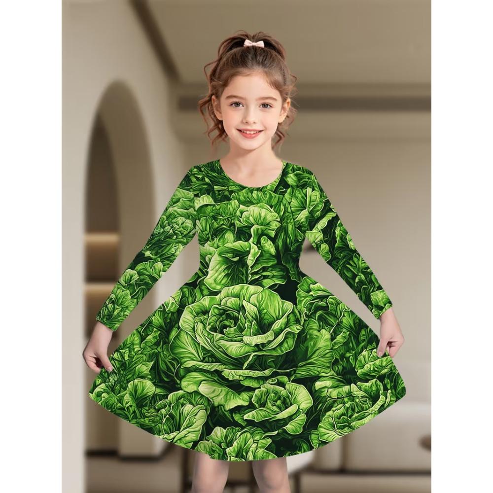 Girls' 3D Tropical Leaf Dress Long Sleeve Summer Spring Vacation Daily Holiday Princess Beautiful Sweet Kids 4-12 Years Casual Dress A Line Dress