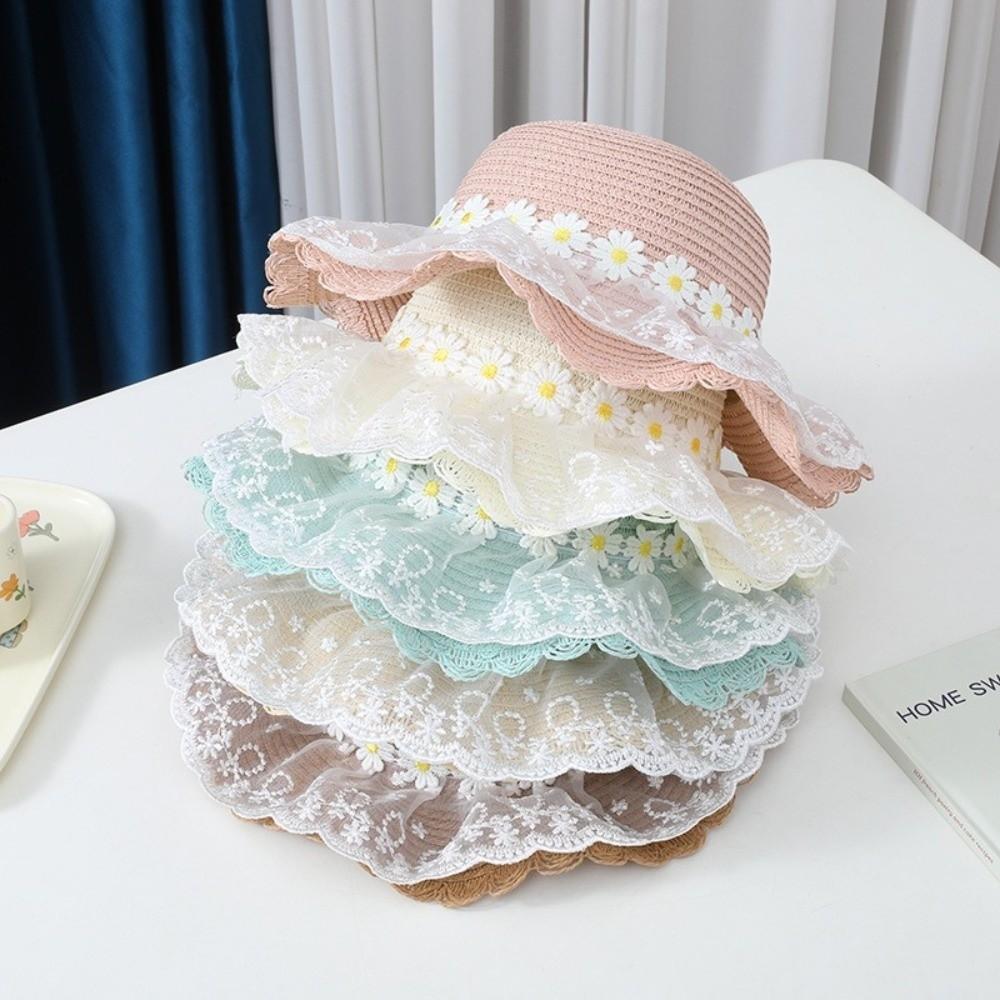 Wide Brim Straw Bag Cap Set Lace Sun Hat Sweet Fisherman Hat for 2-8 Years Kids