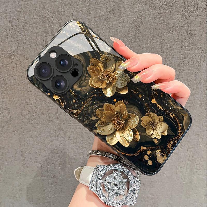 Funda de cristal templado con estampado de flor de loto dorada para iPhone 11 12 13 14 15 16 17 Pro Max 16E 17Air 7 8 Plus XR XS X