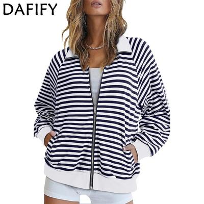 Women's Fashion Casual Stripe Print Long Sleeve Hooded POLO Neck & Sweatshirts