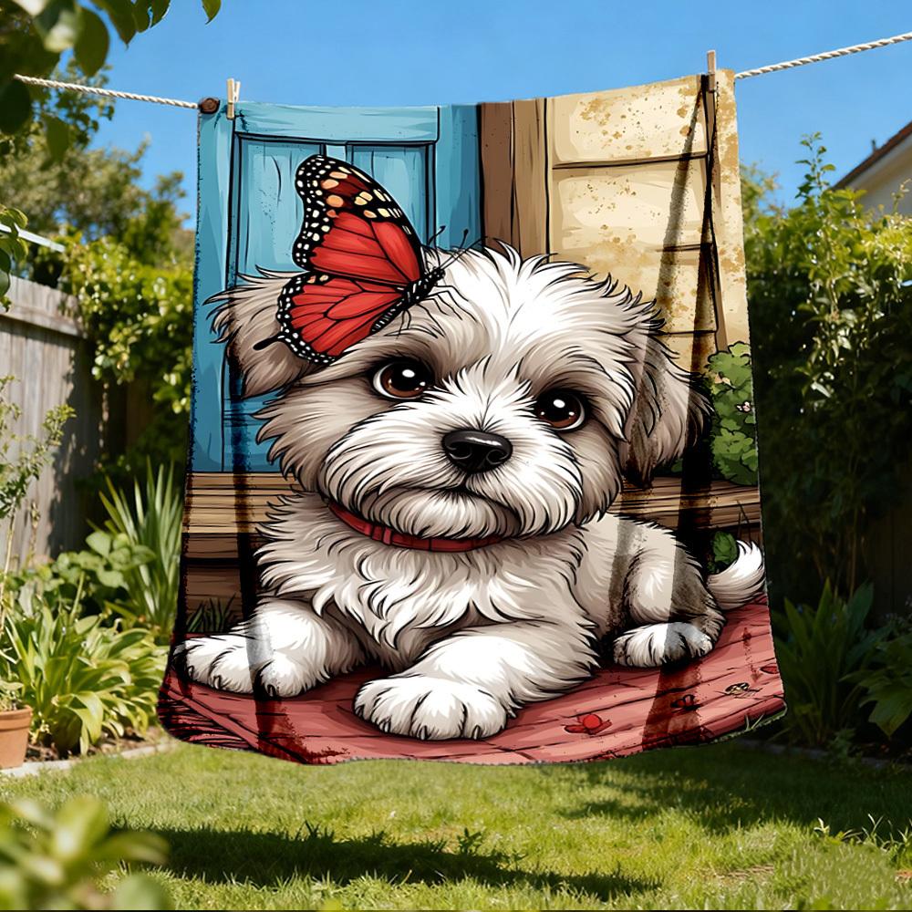 

1pc Butterfly Doggie Outdoor Flannel Blanket , Machine Washable Perfect Gift for Birthday , Holiday Travel Accessory , Durable Material 80x120cm