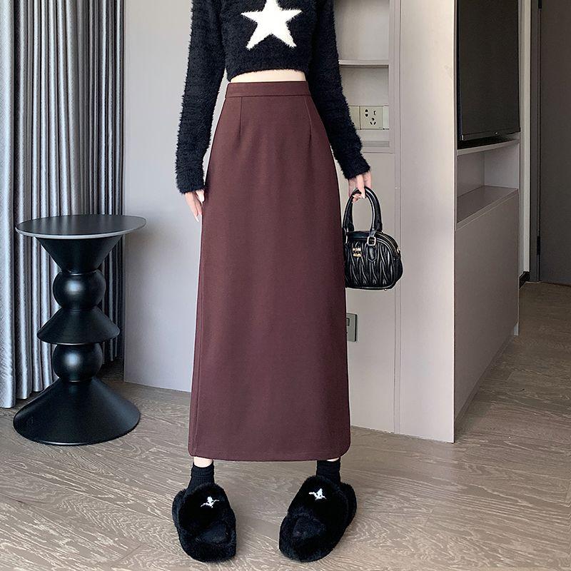 Red Woolen High-Waisted Slimming A-Line Long Skirt - Plus Size, Autumn/Winter 2025 Collection M, 95-105 jin