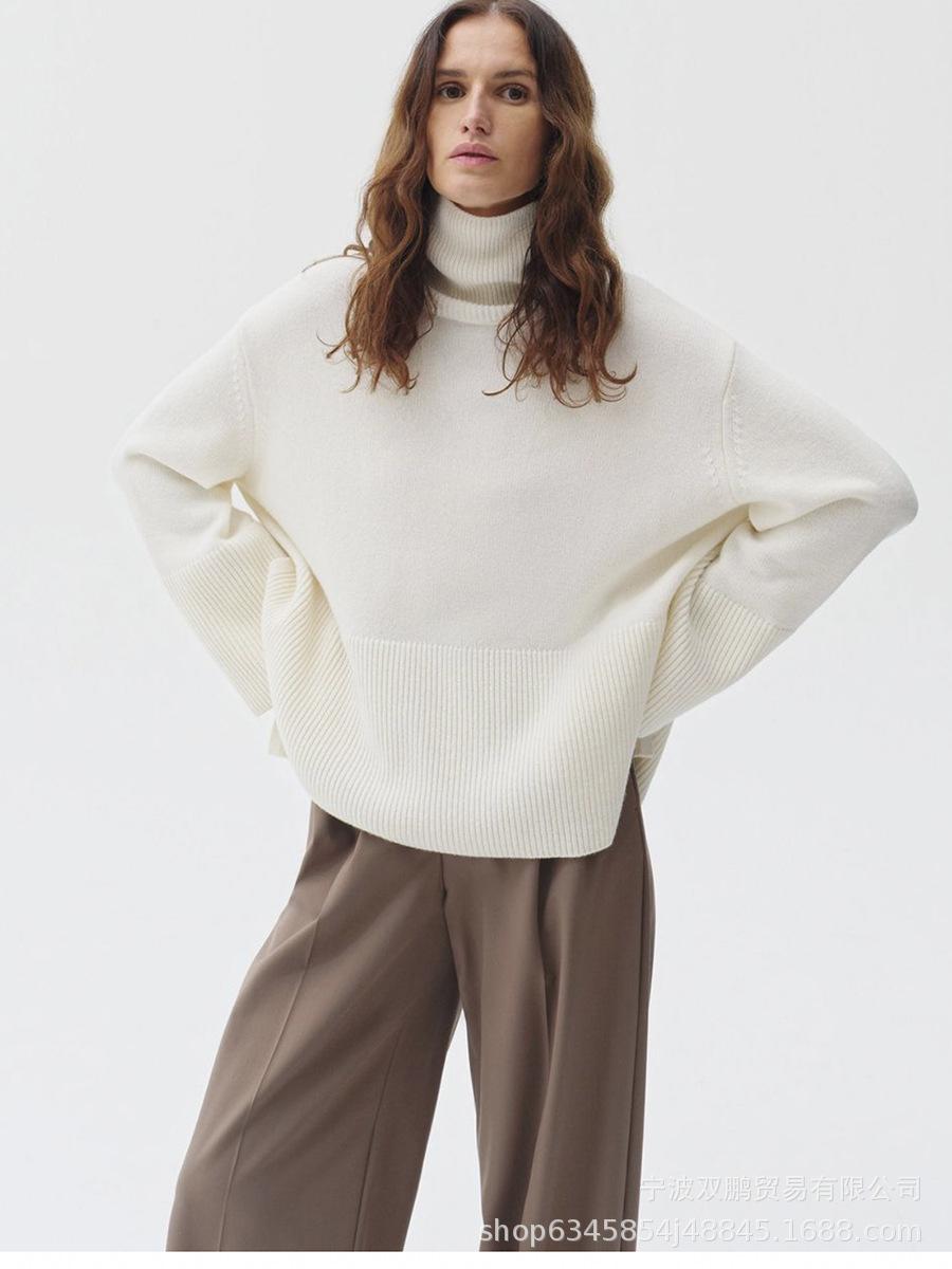 

Slit Loose Knitted Pullover Color High Neck Loose Women s Sweater L білий
